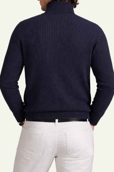 polo ralph lauren knit cardigan navy rib high neck back model view