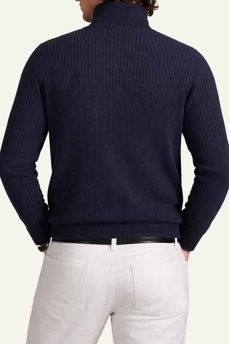 polo ralph lauren knit cardigan navy rib high neck back model view