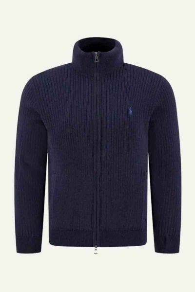 polo ralph lauren knit cardigan navy rib high neck front flat view