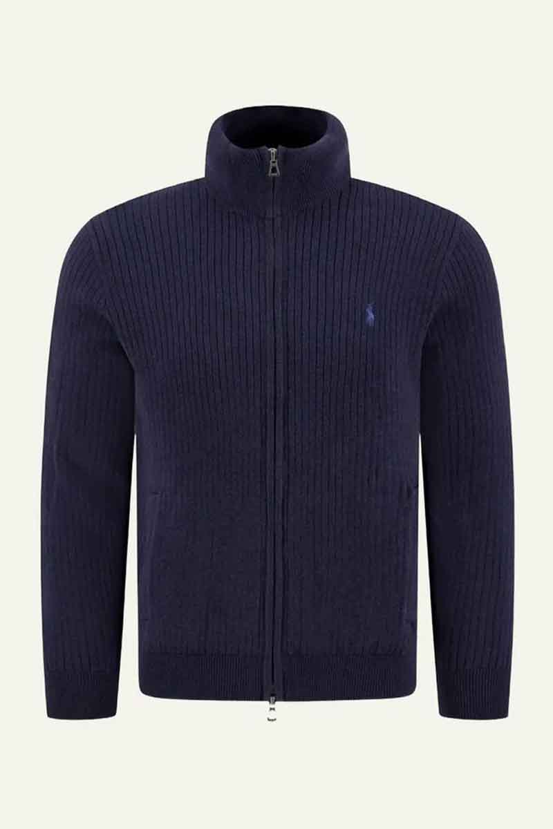 polo ralph lauren knit cardigan navy rib high neck front flat view