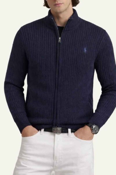 polo ralph lauren knit cardigan navy rib high neck front model view